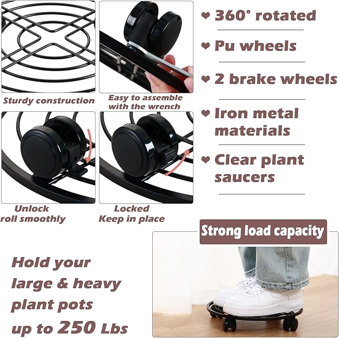 3 Packs 13.5" Metal Plant Caddy with Wheels Large Rolling Plant Stands Indoor Wheeled Plant Dolly Heavy-duty Planter Mover Roller Base Outdoor Plant Trolley Cart Water-proof, Plant Saucers on Wheels