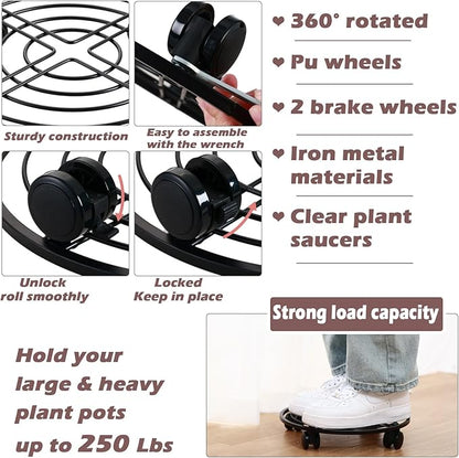 12" Metal Plant Caddy with Wheels 5 Packs Large Rolling Plant Stands Indoor Wheeled Plant Dolly Heavy-duty Pot Mover Roller Base Outdoor Plant Trolley Cart with Brake Water-proof Dust-proof, Black