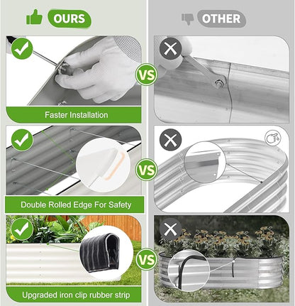 Galvanized Raised Garden Bed - 8x2x1.4FT Metal Planter Boxes Outdoor | Oval Steel Raised Bed Kit for Gardening with Protective Tape, Bracing Rods, Gloves for Vegetables, Flower, Herb (White)