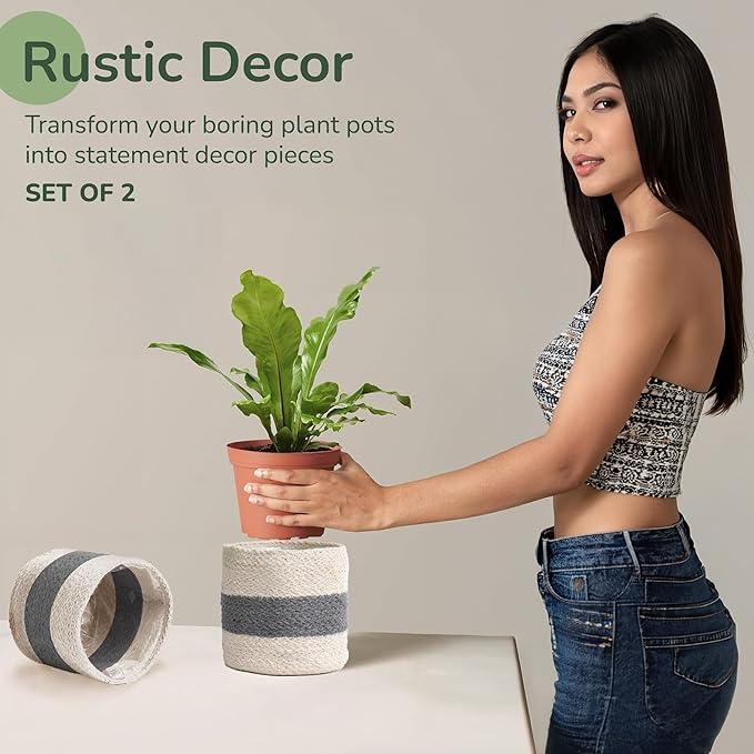 Jute Planter Basket-Woven Jute Rope Covers for Decorating Indoor/Outdoor Succulents, Small Plant Pots-Set of 2-Multi-Purpose Storage Bins 6.5 Inches - Modern Style Décor - Gray & White