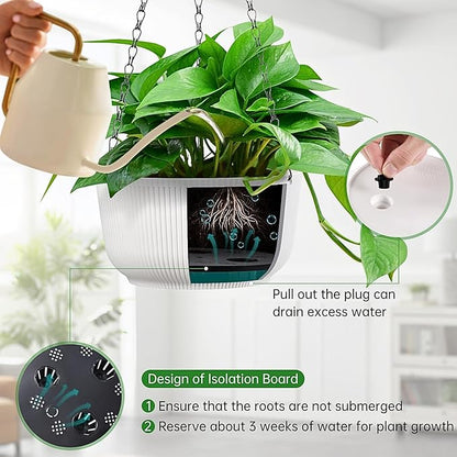 White Hanging Planters for Indoor Outdoor Plants, Set of 2 10 Inch Self-Watering Hanging Pots with Drainage Hole & Plug II Screw-in Hooks II