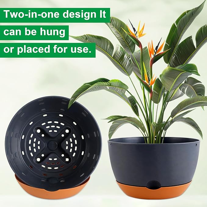 12/10/8/8 Inch Pots for Plants, 4 Pack Large Self Watering Pots for Indoor Plants with Drainage and Saucers, Plastic Outdoor Flower Pot(Grey)