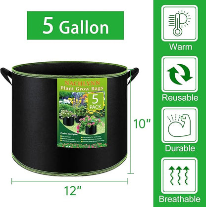 NACHLYNN 5-Pack 5 Gallon Grow Bags Heavy Duty Aeration Fabric Pots with Handles Thickened Nonwoven Fabric Pots Plant or Fruits Flowers Plant for Gardening
