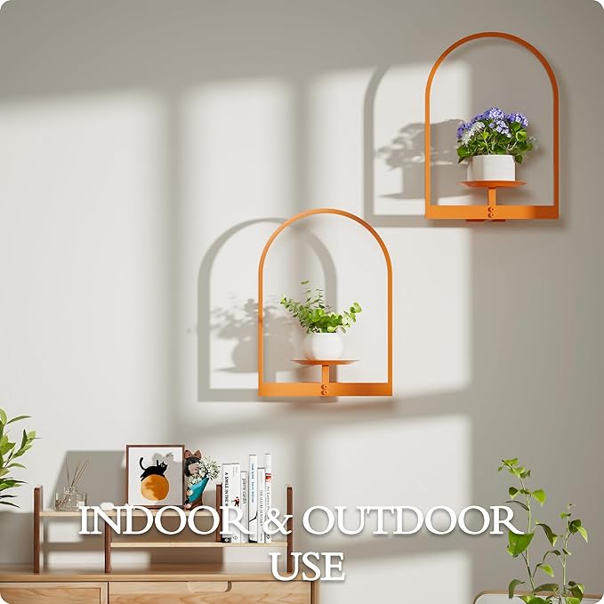 Orange Metal Wall Plant Holder - 2-Pack Wall Mounted Plant Stands and Hanging Holders for Indoor Planter and Flower Pot - Arch Decor Shelf for Plant Storage (Pot Not Included)