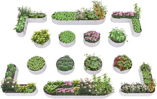A ANLEOLIFE 14-Piece 18 Inch Tall Raised Garden Beds Kit, Heart-Shaped, Large Oval & Round Metal Planters – Ideal for Backyard Vegetables Flowers Herbs, Antique White