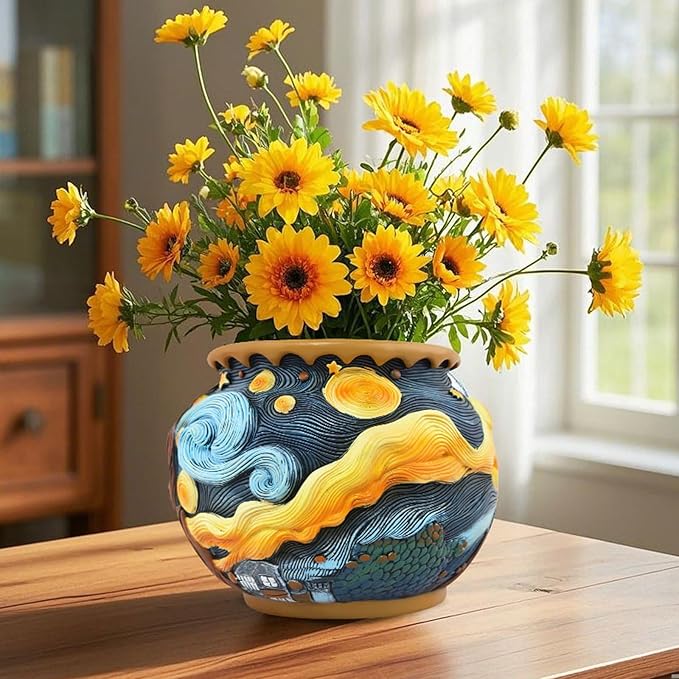 Starry Night Planter Pots/Vase Van Gogh Inspired Acolorful Art Resin Flower Pot with Drainage Hole for Indoor Plant Home Balcony Decor