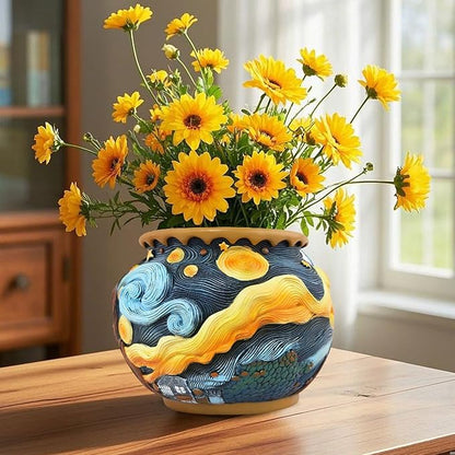 Starry Night Planter Pots/Vase Van Gogh Inspired Acolorful Art Resin Flower Pot with Drainage Hole for Indoor Plant Home Balcony Decor