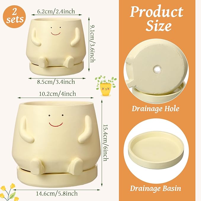 2 Pcs Smile Face Planters Pots with Drainage Hole, 6'' Head Planters 3.6'' Cute Resin Flower Pot for Indoor Plants, Succulent Pots for Plant Lover Gift(Face)
