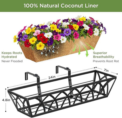 24 Inch Window Deck with Coco Liner, 24" Window Boxes Horse Trough with Coconut Coir Liner, Fence Metal Hanging Flower Planter Window Basket Deck Railing Planter Boxes for Outdoor Garden Lawn, 2pcs