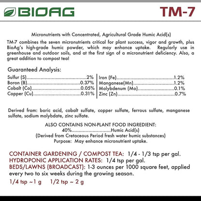 BioAg TM7 Organic Humic Acid Soil Conditioner Plus Essential Micronutrients, Dry Amendment for All Plants, Lawns, S B Co Cu Fe Mn Mo Zn (1 kg) (BA74022)