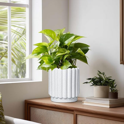 Ceramic Planters for Indoor Plants - 7.6 Inch Ceramic Plant Pots Outdoor, Round Flower Pots with Drainage Hole, Fluted Modern Planter, Room House Decor, Gifts for Plant Lovers, White