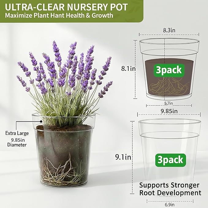 8/10 Inch Large Clear Nursery Pots with Drainage, 6 Pack Acrylic Plant Pots, 90% Light Transparency, Reusable for Flowers and Orchids, Indoor Outdoor Use, A Must-Have for Plant Lovers