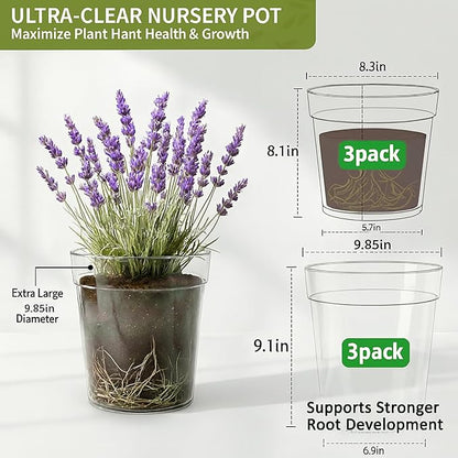 8/10 Inch Large Clear Nursery Pots with Drainage, 6 Pack Acrylic Plant Pots, 90% Light Transparency, Reusable for Flowers and Orchids, Indoor Outdoor Use, A Must-Have for Plant Lovers