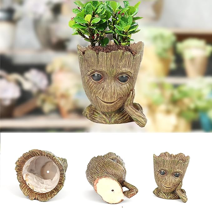 Funny Planter Head Planter with Drainage Hole Resin Plant Pot Pencil Holder Desk Storage(Funny Tree)