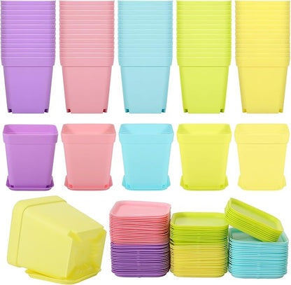 Tioncy 100 Pcs 3 Inch Mini Plant Pots with Tray, Colorful Plastic Plant Pots Flower Seedling Pots Nursery Pots with Saucers for Garden, Indoor Outdoor, Home, Office, Balcony Decor
