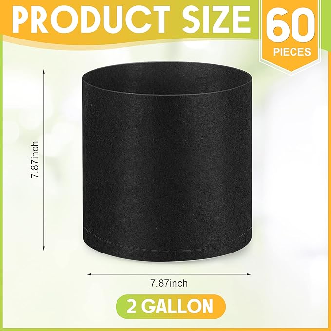 Nuanchu 60 Packs Grow Bags Bulk Aeration Fabric Pot with Handles Thickened Nonwoven Garden Bags to Healthy Root Growth Vegetables Heavy Duty Grow Pots Planting Planter for Flower Fruits (2 Gallon)
