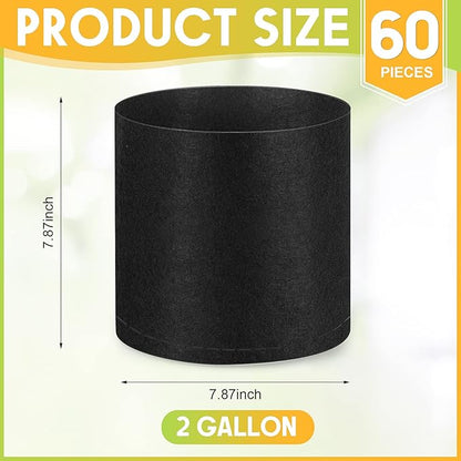 Nuanchu 60 Packs Grow Bags Bulk Aeration Fabric Pot with Handles Thickened Nonwoven Garden Bags to Healthy Root Growth Vegetables Heavy Duty Grow Pots Planting Planter for Flower Fruits (2 Gallon)