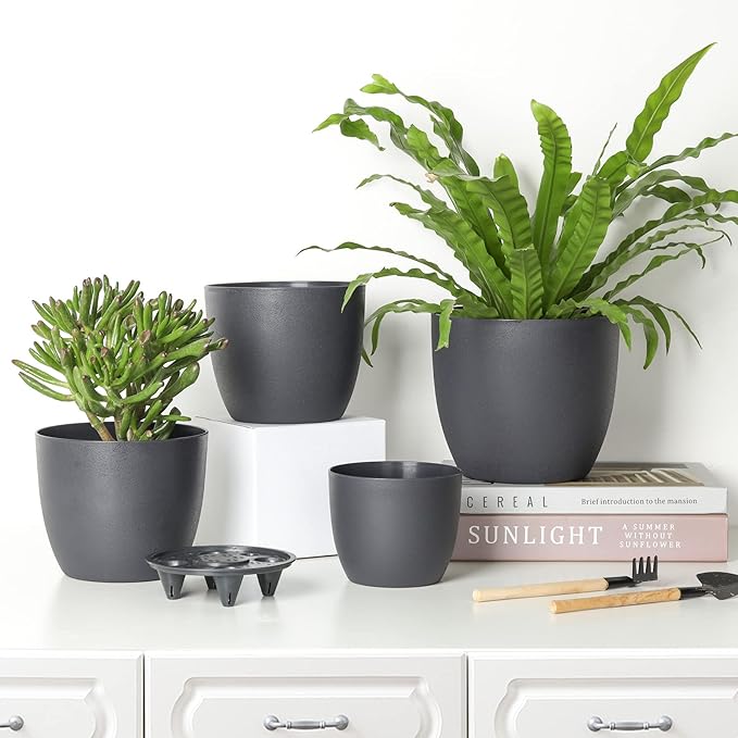 T4U 6 Inch Self Watering Planters Plastic Plant Pot, Modern Decorative Flower Pot/Window Box for All House Plants, Flowers, Herbs, African Violets, Succulents - Black, Set of 6