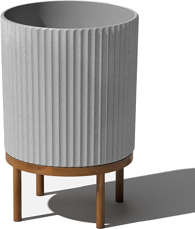 Veradek Demi Series Round Planter w/ Stand for Porch/Patio | Durable Plastic-Concrete & Wooden Stand | Modern Décor for Tall Plants, Flowers