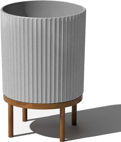 Veradek Demi Series Round Planter w/ Stand for Porch/Patio | Durable Plastic-Concrete & Wooden Stand | Modern Décor for Tall Plants, Flowers