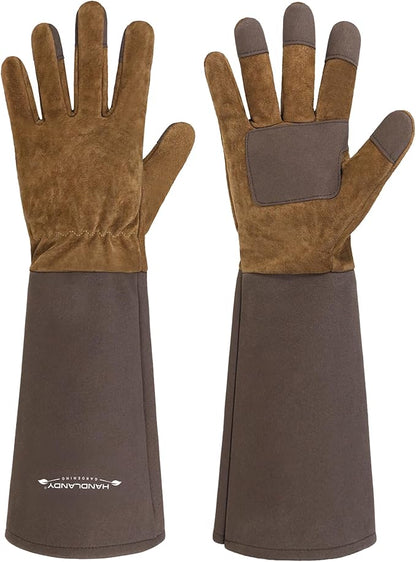 HANDLANDY Long Gardening Gloves for Men & Women, Cowhide Leather Rose Pruning Gloves- Breathable & Durable Gauntlet Glove (X-Large, Brown)