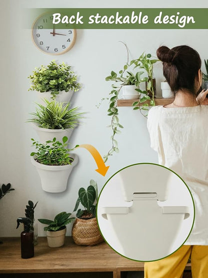 MADHOLLY 6Pcs Vertical Hanging Planters for Outdoor Plants - Wall Plant Holder for Indoor Decorations Garden Fence, Plastic Flower Pots with Drainage Grid and Hooks (White)