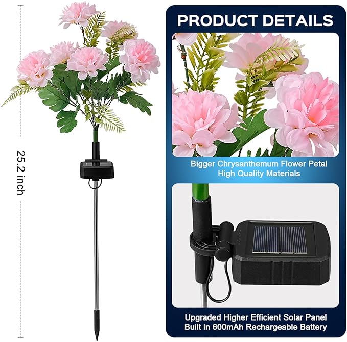 2 Pack Solar Garden Lights Outdoor, LED Colorful Waterproof Solar Powered Chrysanthemum Flowers Landscape Lights for Patio, Outside Yard, Pathway Decorative, Décor, Gifts, Two Lighting Modes