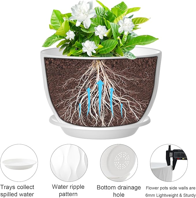 10 Inch Large Plant Pots, Flower Pots with Multi-Mesh Drainage Holes and Saucer, Plastic Planters for Indoor and Outdoor Garden Plants (White, 10")