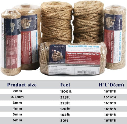 PerkHomy 4mm Jute Rope 120 Feet Twisted Heavy Duty and Thick Twine Rope for Cat Scratcher Scratching Post Tree Craft Projects Gardening Home Decoration Packing Bundling (120FT * 4mm)