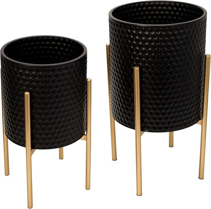 Decorative Flower Pots with Metal Stand for Home Decor - Modern Planters for Hallway, Entryway, and Living Room Decor - Indoor and Outdoor Pots for Plants - Set of 2, 23", 19", Black & Gold