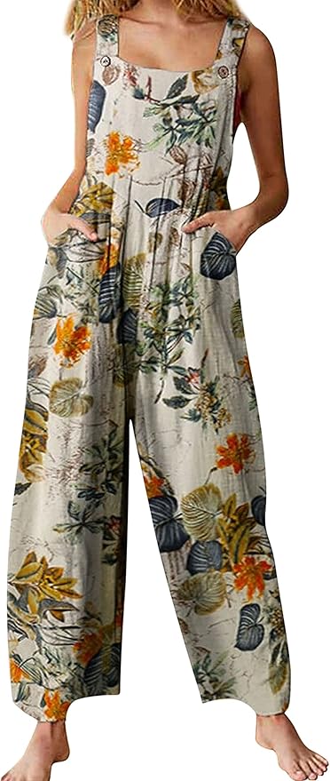 Fiona Jolin Overalls Women Summer Boho Floral Loose Wide Leg Jumpsuits with Pockets Patchwork Bib Overalls