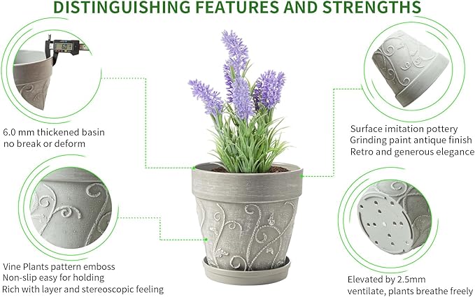 Melphoe Plant Pots Indoor with Drainage & Saucer, 2Pack 8 inch Flower Pots Outdoor Planters for Indoor Plants Garden Home Decor Cactus Succulent, Rigid Plastic (Imitation-Terracotta) Vine-Embossed
