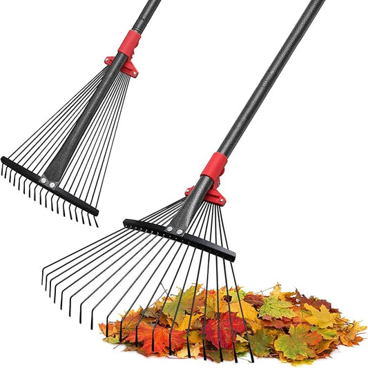 Rake for Leaves, Adjustable Garden Leaf Rakes for Lawns Heavy Duty, Metal Rake with 18 Clog-Free Tines, 9”-17” Collapsible Head, 6 ft Long Handle, Yard Tools for Gardening Camping Fast Cleanup