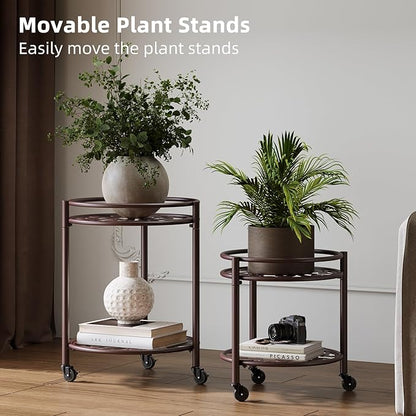 2 Tier Rolling Plant Stand with Wheels, Mid Century Modern Metal Stand for Planters, 2 Sizes 9 Inch & 11 Inch, Indoor Outdoor Movable Flower Pot Holder for Decor Home Garden Patio Load Bearing 165 LB 2 Pack Coffee