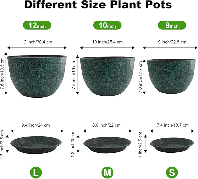 12/10/9 inch Plant Pots, 3 Pack Flower Pots for Outdoor Indoor Garden Plants, Large Planters with Multi Mesh Drainage Holes and Saucer (Black with Green Speckles, 12"+10"+9")