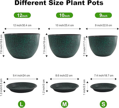 12/10/9 inch Plant Pots, 3 Pack Flower Pots for Outdoor Indoor Garden Plants, Large Planters with Multi Mesh Drainage Holes and Saucer (Black with Green Speckles, 12"+10"+9")