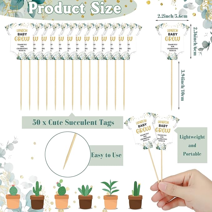 51 Pcs Watch Baby Grow Succulent Tags Baby Shower Party Favors Include 1 Piece Wooden Table Sign 50 Sets Succulent Favor Tags Decorations(Greenery Style)