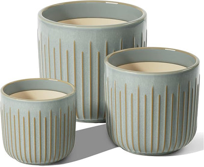 LE TAUCI Fluted Ceramic Pots for Plants, 8.3/7/6 Inch Indoor Planters with Drainage Holes & Mesh, Modern Glossy Glaze Cylinder Plant Pot for Snake Plant, Set of 3, Mist Gray