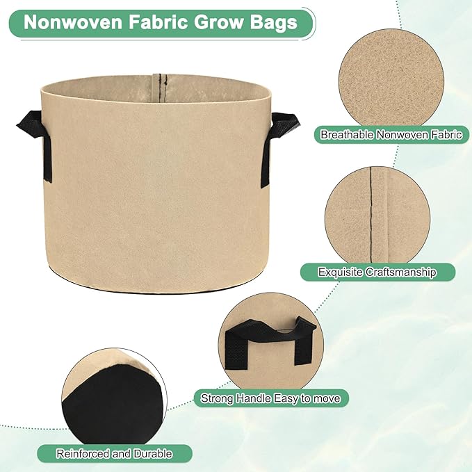 5-Pack Plant Grow Bags 3 Gallon Grow Bags 300G Thickened Fabric Pots with Durable Handles Plant Garden Grow Pots for Fruits/Vegetables/Flowers/Plants [Khaki]