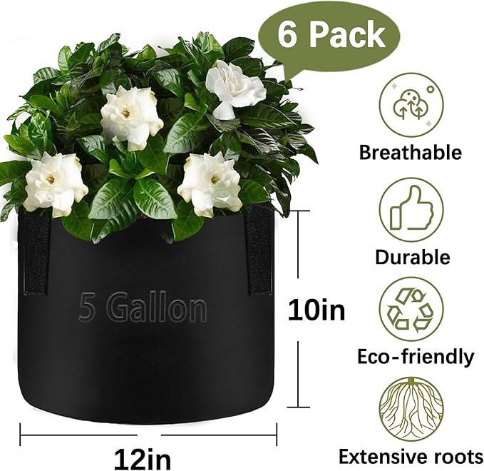 TCBWFY 5 Gallon Grow Bags,6 Pack Heavy Duty Thickened 300g Non-Woven Fabric Pots with Sturdy Handles,Garden Bags to Grow Vegetables Flowers