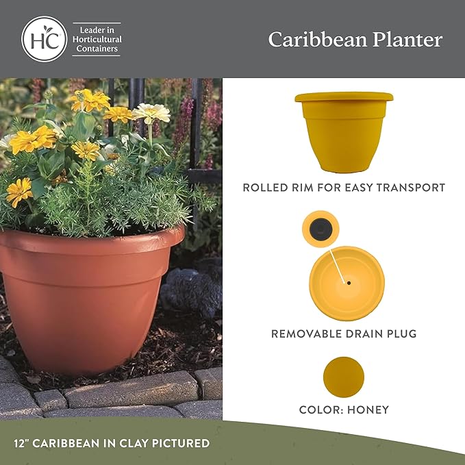 The HC Companies 20 Inch Caribbean Planter Pots with Drainage & Plug, Rolled Rim Plastic Planters for Indoor & Outdoor Plants, 2-Pack Decorative Flower Pots for Garden, Office & Home Decor, Honey