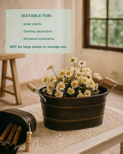Galvanized Metal Oval Planter Buckets with Handles – Set of 3 Rustic Farmhouse Flower Tubs with Drain Holes & Plugs, Vintage Small Pots for Herbs, Succulents, Wedding or Tabletop Decor (Black)