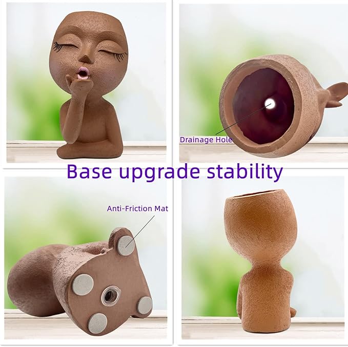Brown Resin Handcrafted Cute Flower Pot, Suitable for Indoor and Outdoor Use, with Drain Hole and Anti-Friction Pads