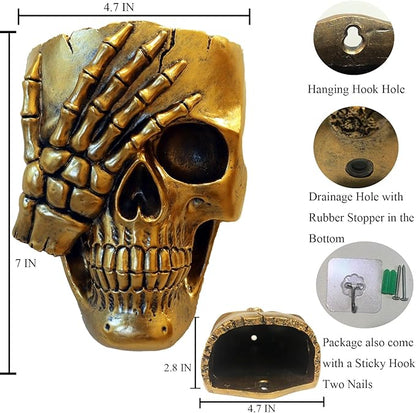 Skull Fence Planter for Outdoor Plants, Spooky Skull Wall Planters for Indoor Outdoor Décor, Funny Gothic Hanging Skeleton Head Plant Pot Gold Face Vase with Drainage
