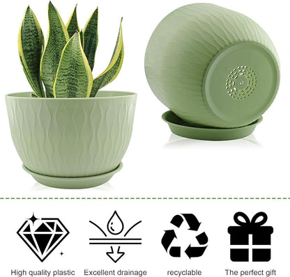 12/10/9 inch Plant Pots, 3 Pack Flower Pots for Outdoor Indoor Garden Plants, Large Planters with Multi Mesh Drainage Holes and Saucer (Green, 12"+10"+9")