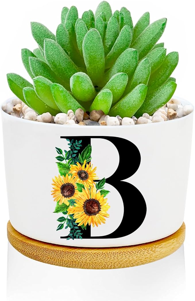 Sunflower Succulent Plant Pots 3 Inch Ceramic Cactus Flower Pots Personalized Initials B Sunflower Gifts for Women Mom Sister,Birthday Housewarming,Wedding,Window Garden Desk Decor