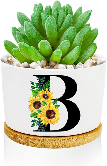 Sunflower Succulent Plant Pots 3 Inch Ceramic Cactus Flower Pots Personalized Initials B Sunflower Gifts for Women Mom Sister,Birthday Housewarming,Wedding,Window Garden Desk Decor
