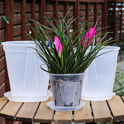 Plant Pots 7 inch Set of 3, Clear Plastic Nursery Pots with Drainage Holes and Saucers, Flowers Planter Pots for Indoor Outdoor Plants