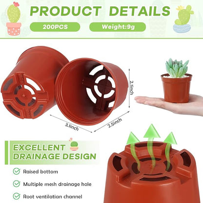 Yaomiao 200 Pcs 3 Inch Red Mini Plastic Plant Pot Nursery Seedling Pots Seed Starter with Drainage Holes for Indoor Outdoor Garden Succulent Plants Cuttings Transplanting