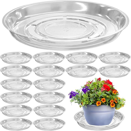 16 Packs 14 Inches Large Clear Plant Saucers for Indoor Outdoor Use Heavy Duty Plastic Plant Trays for Planter Bulk Flower Pot Drip Trays to Catch Water, 4 to 20 Inch
